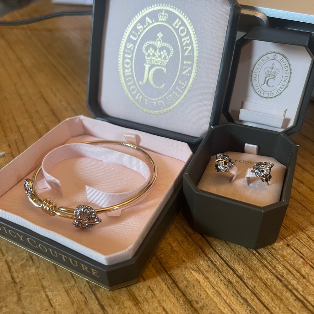 Juicy Couture Gold Bracelet and Matching Earrings with Silver Accents